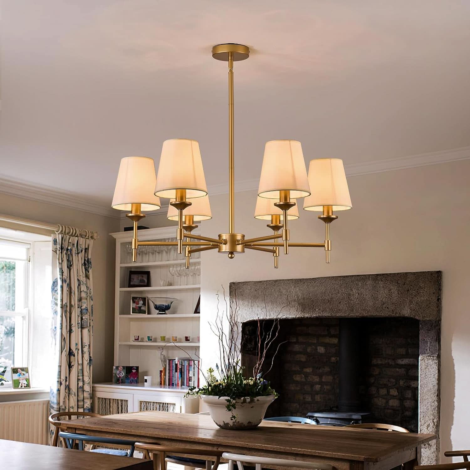 Gold Farmhouse Chandelier 6 Light Linen Shade Fixture