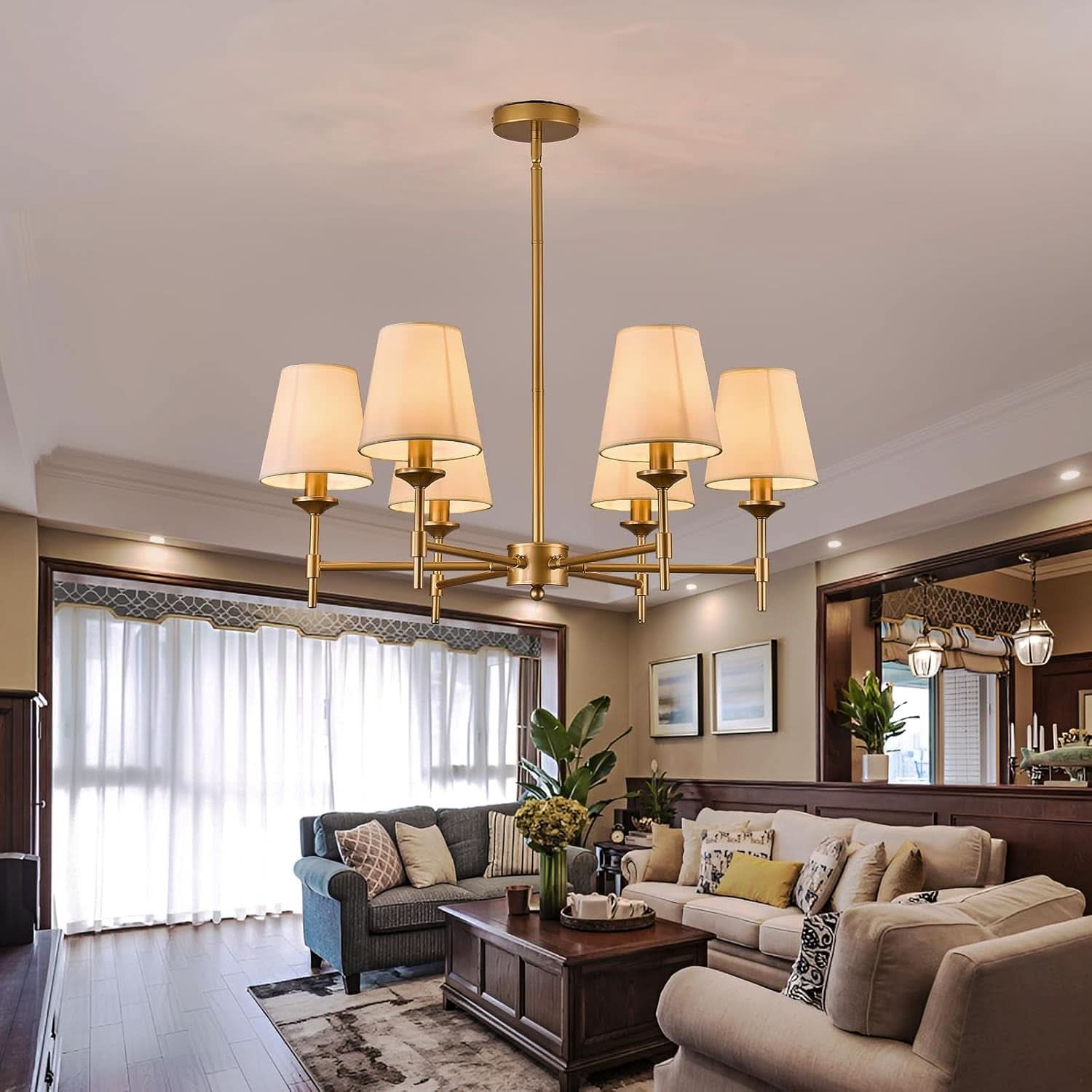 Gold Farmhouse Chandelier 6 Light Linen Shade Fixture