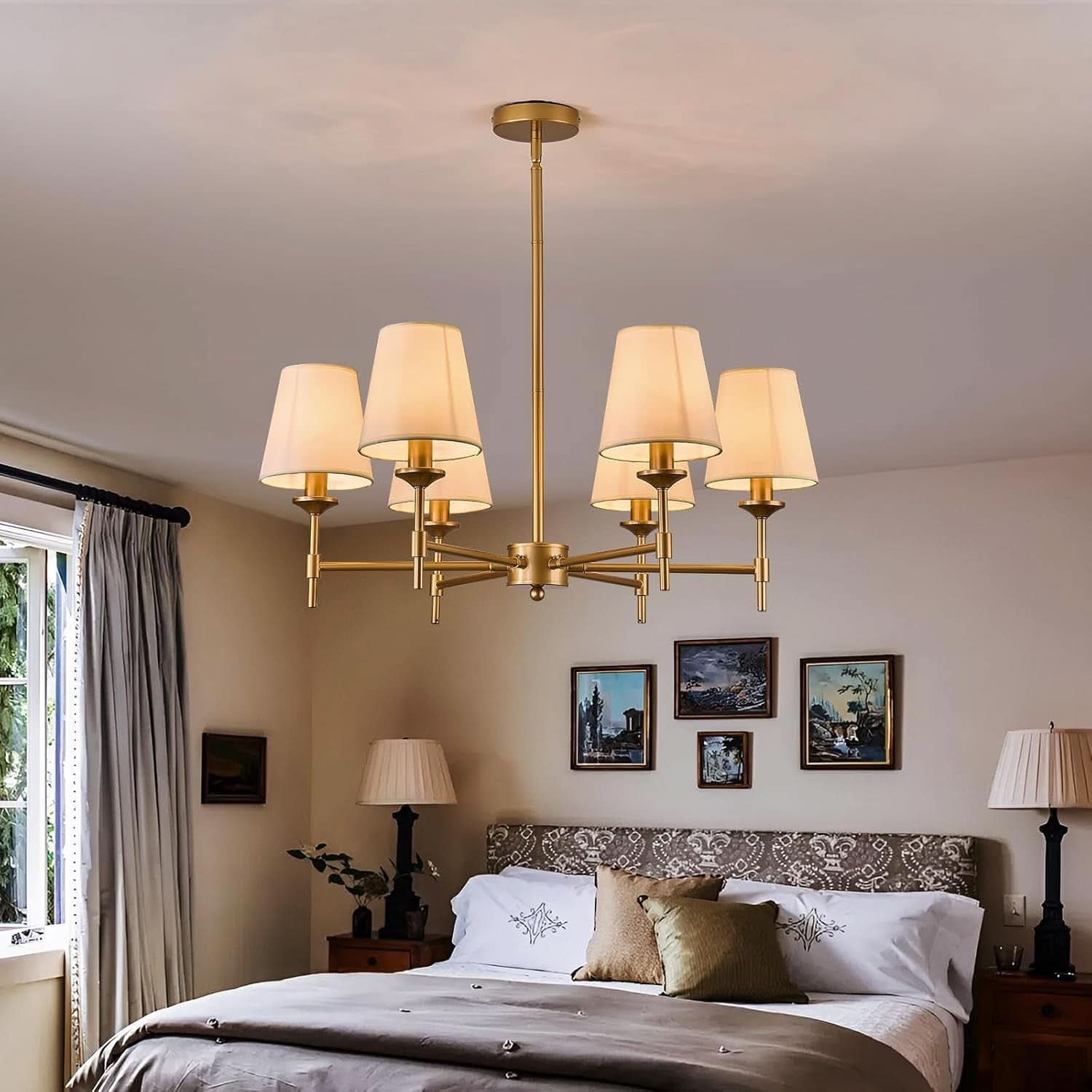 Gold Farmhouse Chandelier 6 Light Linen Shade Fixture