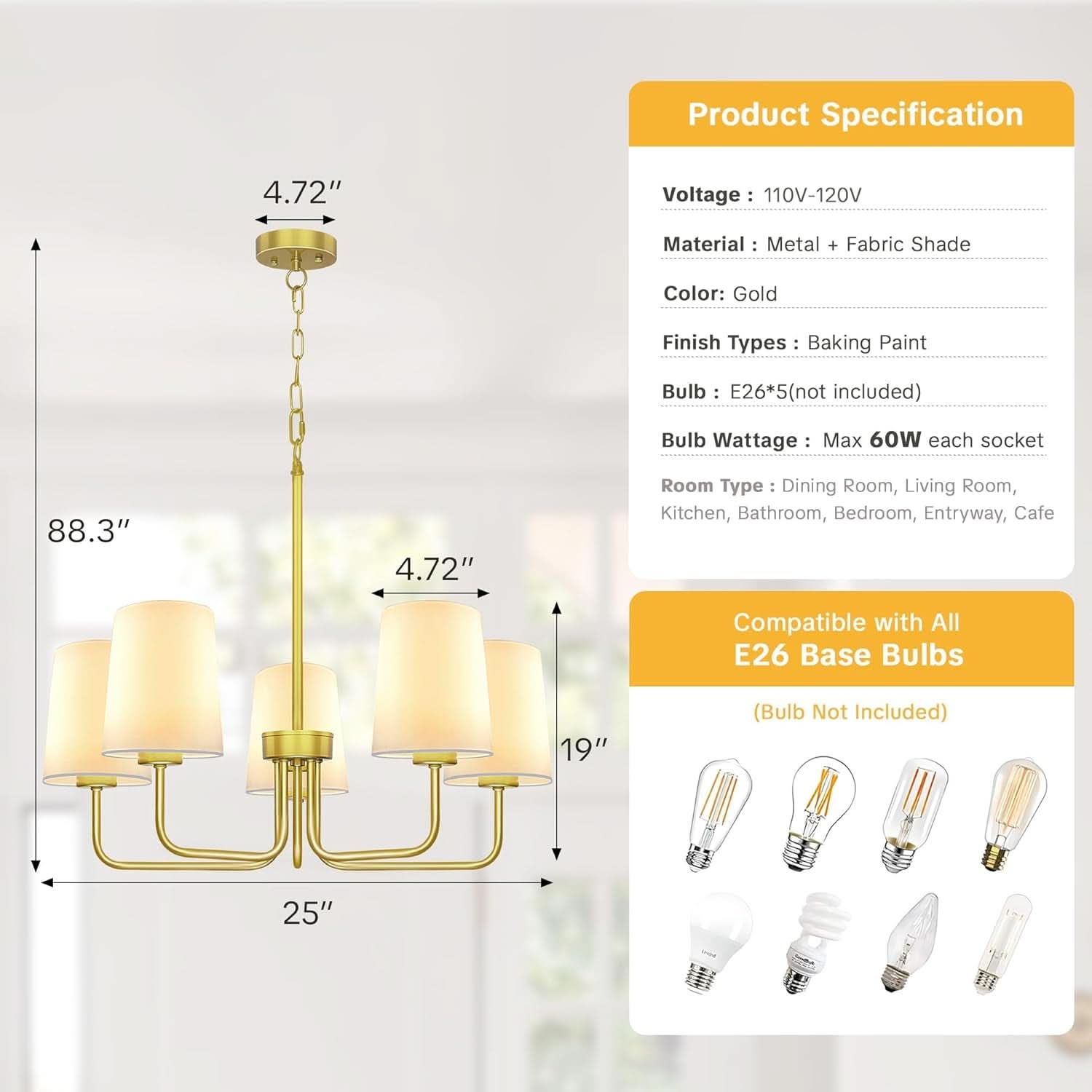 Gold Farmhouse Five Light Chandelier With Fabric Shades