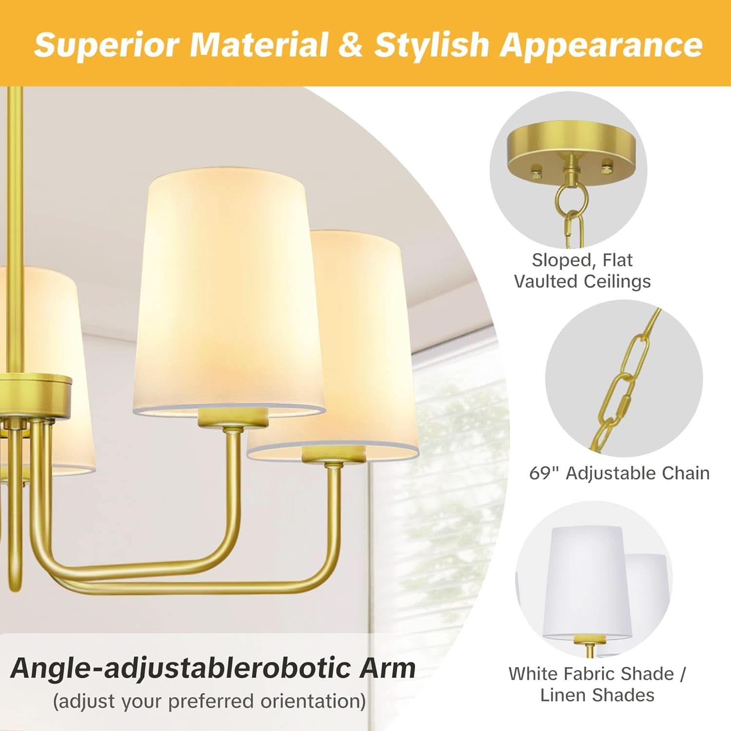 Gold Farmhouse Five Light Chandelier With Fabric Shades