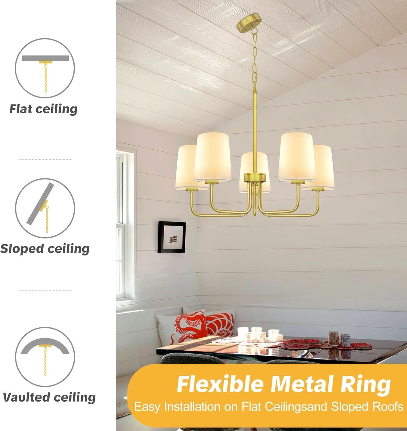 Gold Farmhouse Five Light Chandelier With Fabric Shades
