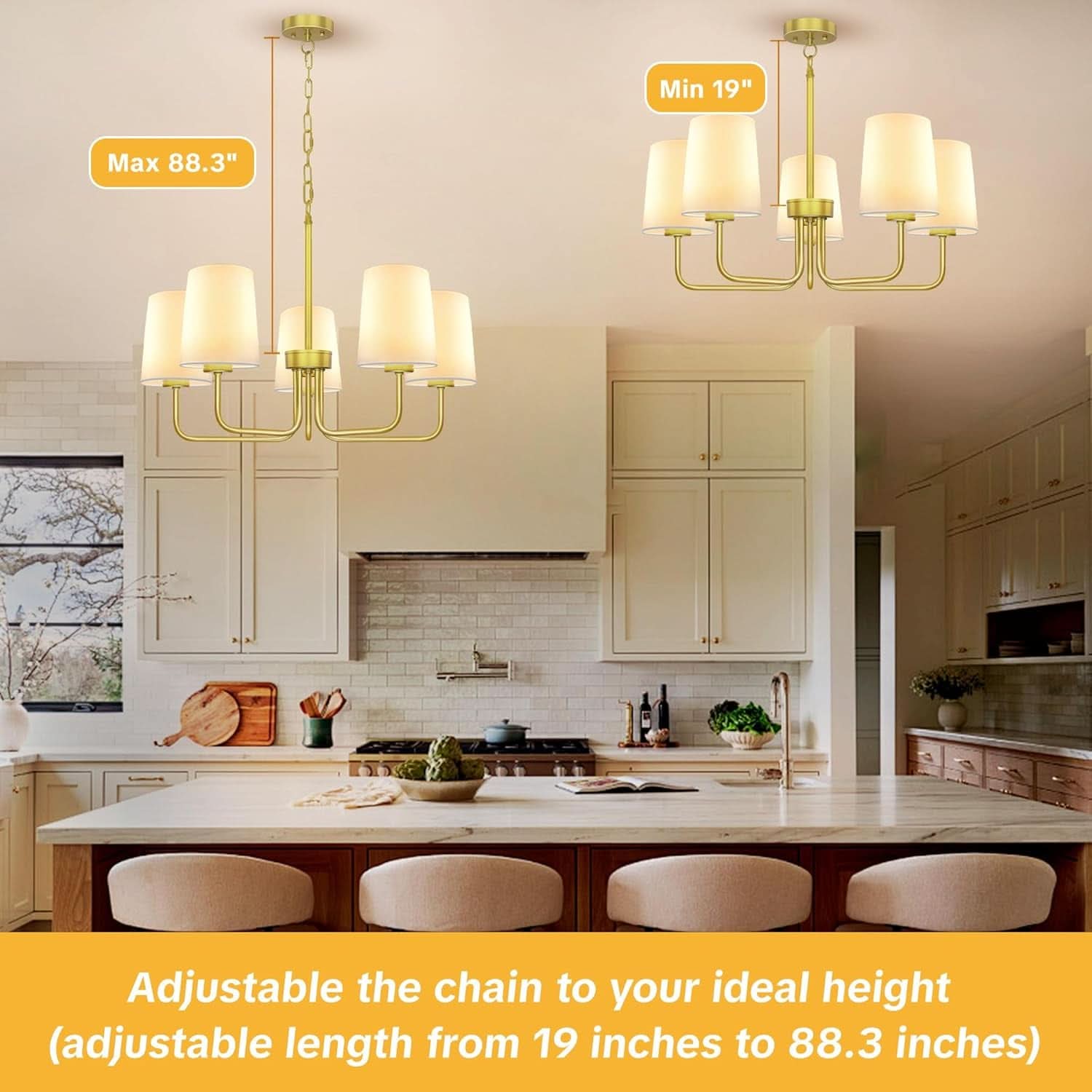 Gold Farmhouse Five Light Chandelier With Fabric Shades