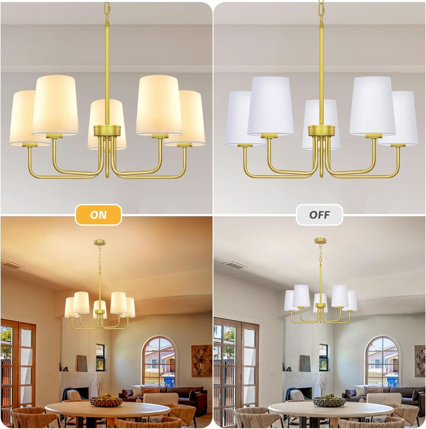 Gold Farmhouse Five Light Chandelier With Fabric Shades