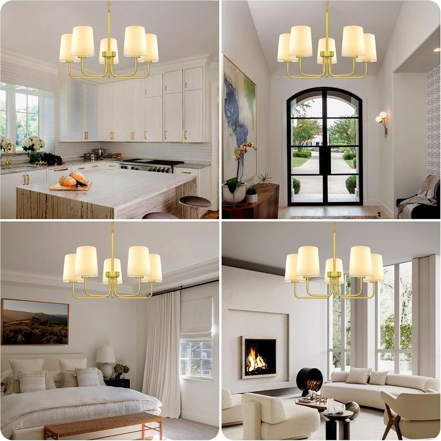 Gold Farmhouse Five Light Chandelier With Fabric Shades
