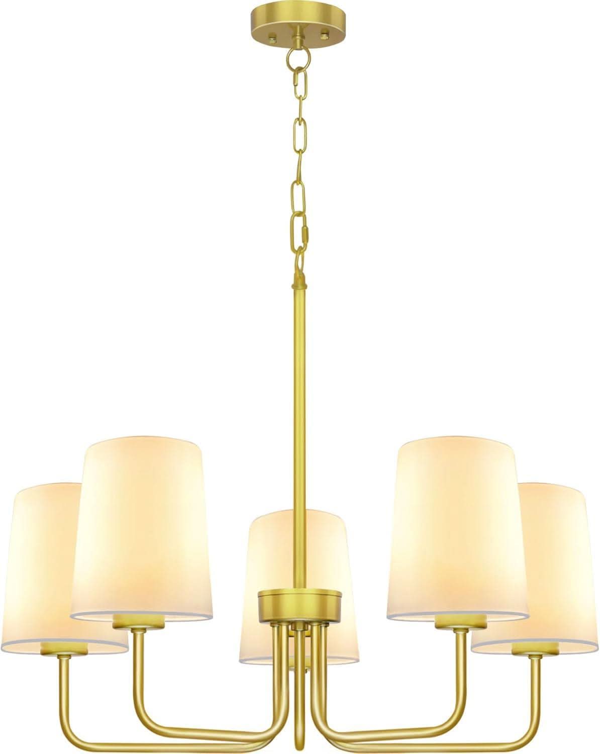 Gold Farmhouse Five Light Chandelier With Fabric Shades