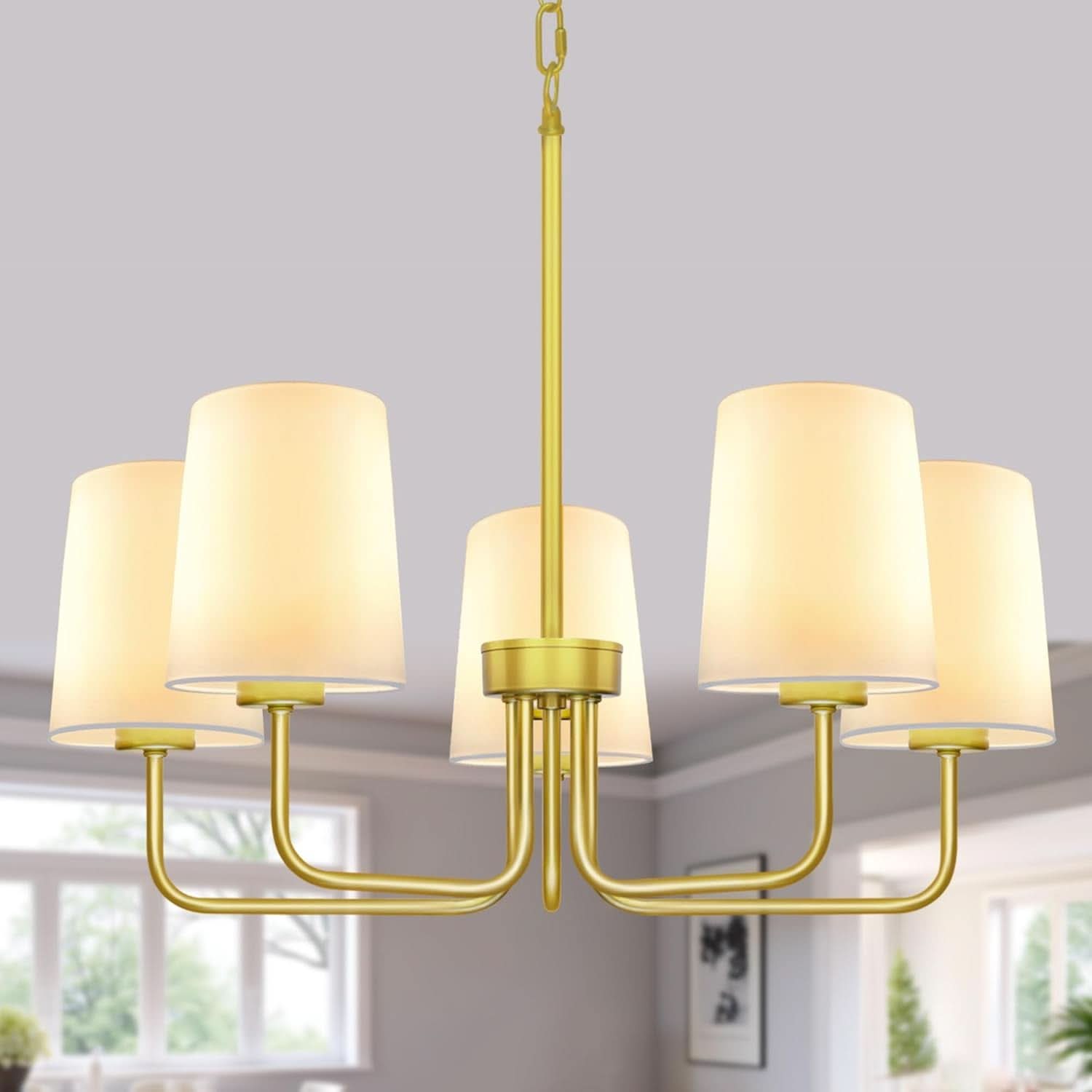 Gold Farmhouse Five Light Chandelier With Fabric Shades