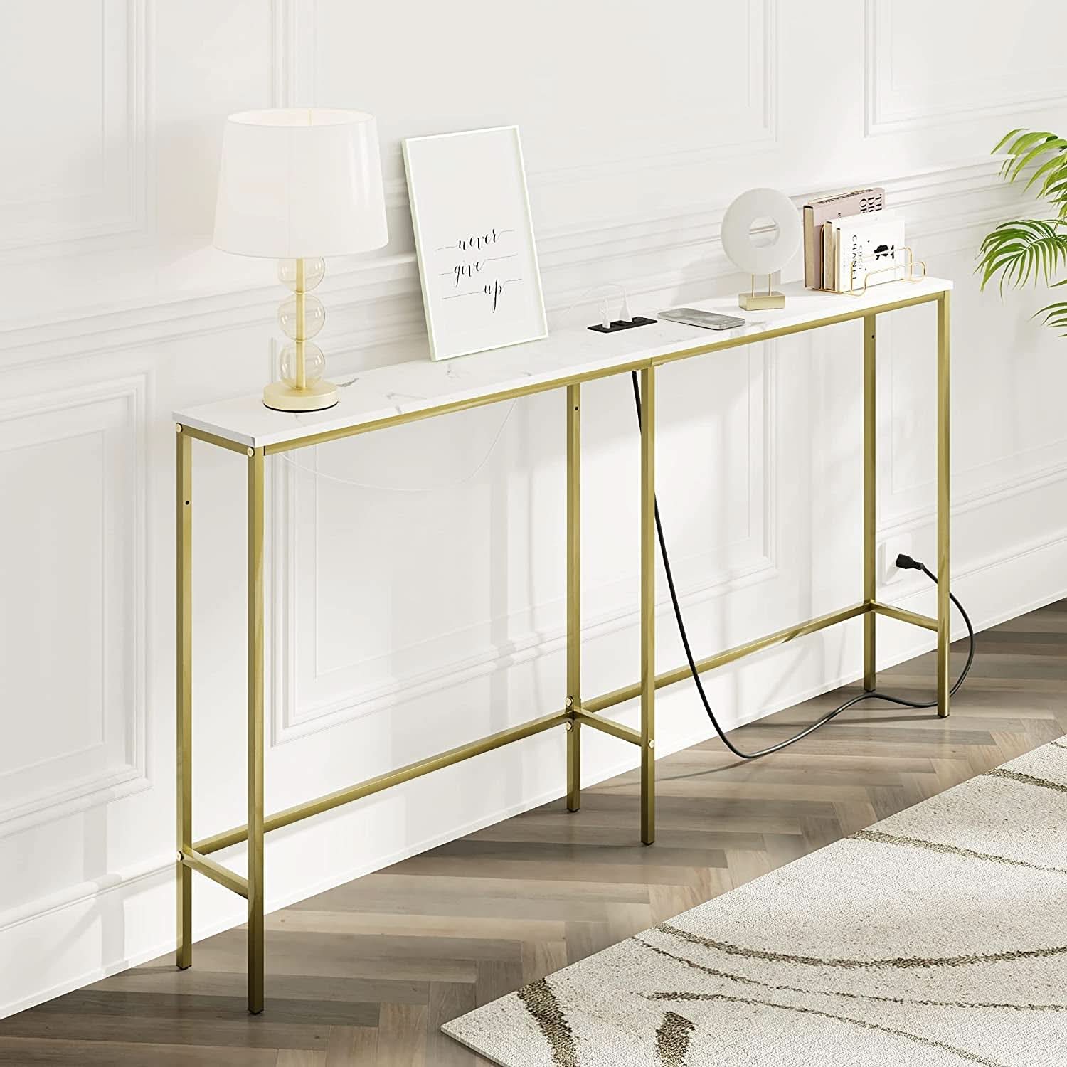 Gold Frame Console Table With Power Outlet And USB Ports