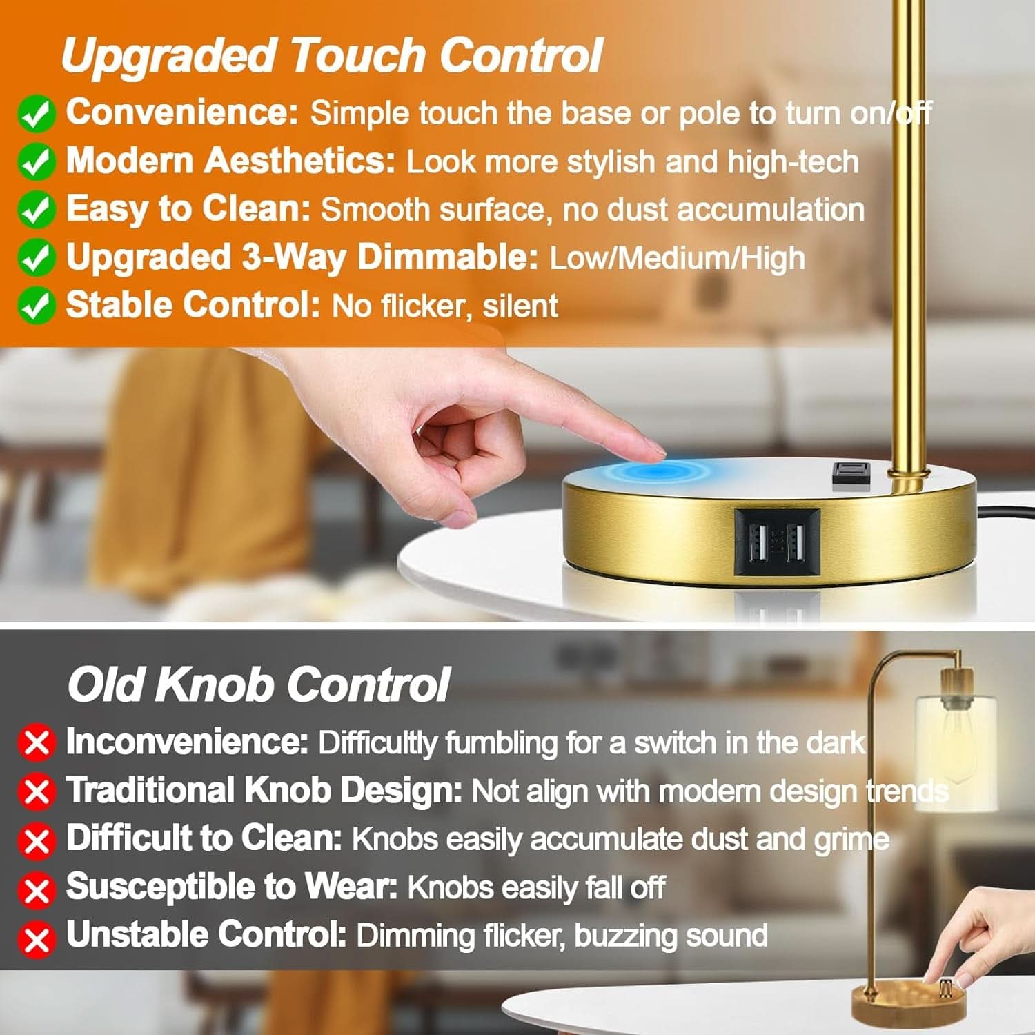 Gold Industrial Touch Table Lamps 2 Pack With USB Ports