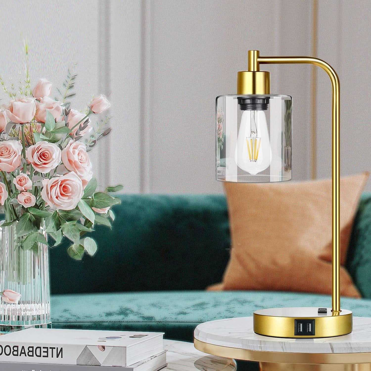 Gold Industrial Touch Table Lamps 2 Pack With USB Ports