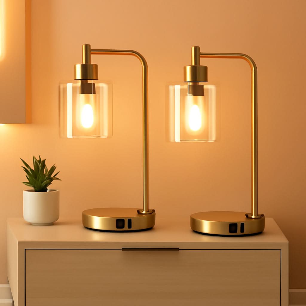 Gold Industrial Touch Table Lamps 2 Pack With USB Ports
