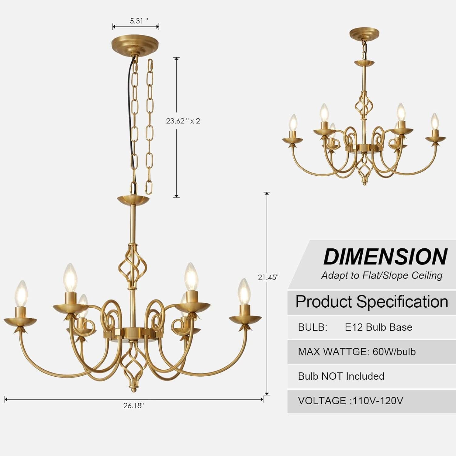 Gold Six Light Chandelier Pendant 26 Inch Dining Light