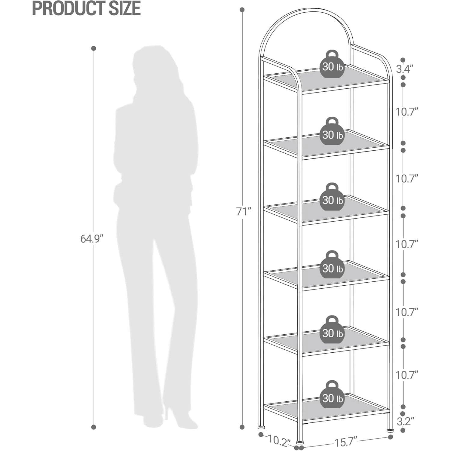 Gold Six Tier Bookcase With Tempered Glass Shelves