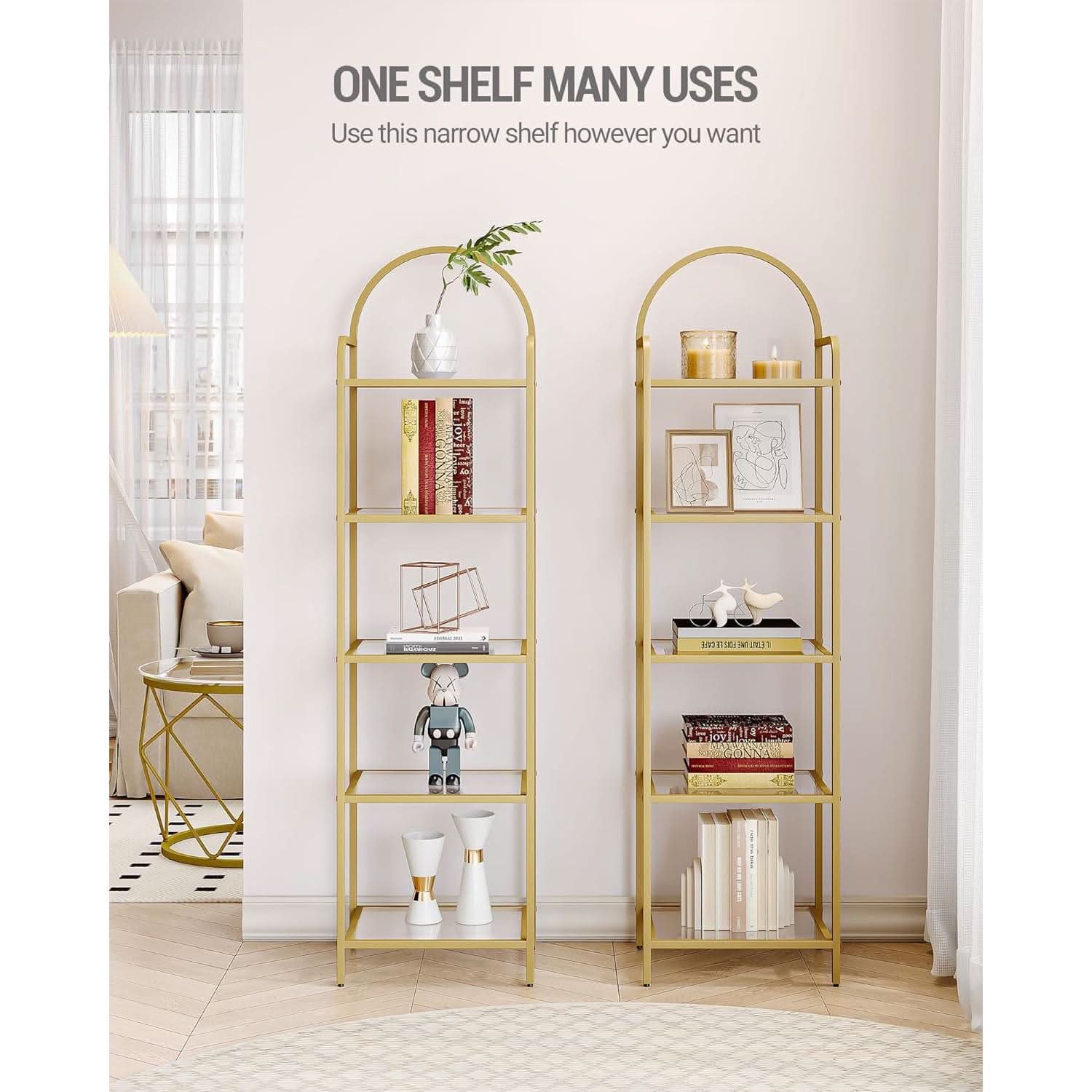 Gold Six Tier Bookcase With Tempered Glass Shelves