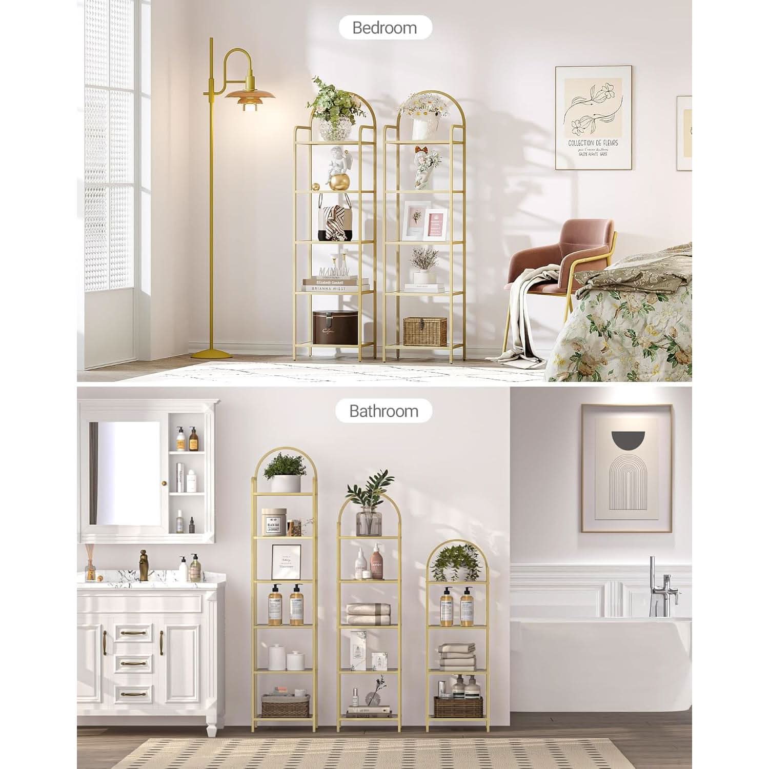 Gold Six Tier Bookcase With Tempered Glass Shelves