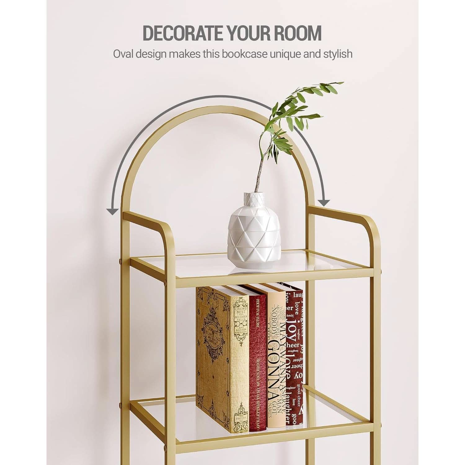 Gold Six Tier Bookcase With Tempered Glass Shelves