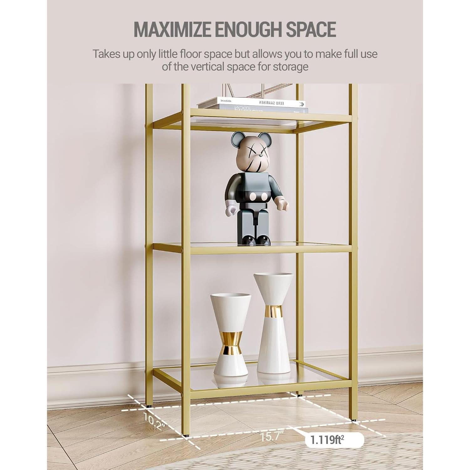 Gold Six Tier Bookcase With Tempered Glass Shelves