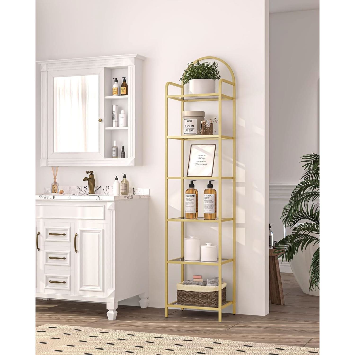 Gold Six Tier Bookcase With Tempered Glass Shelves