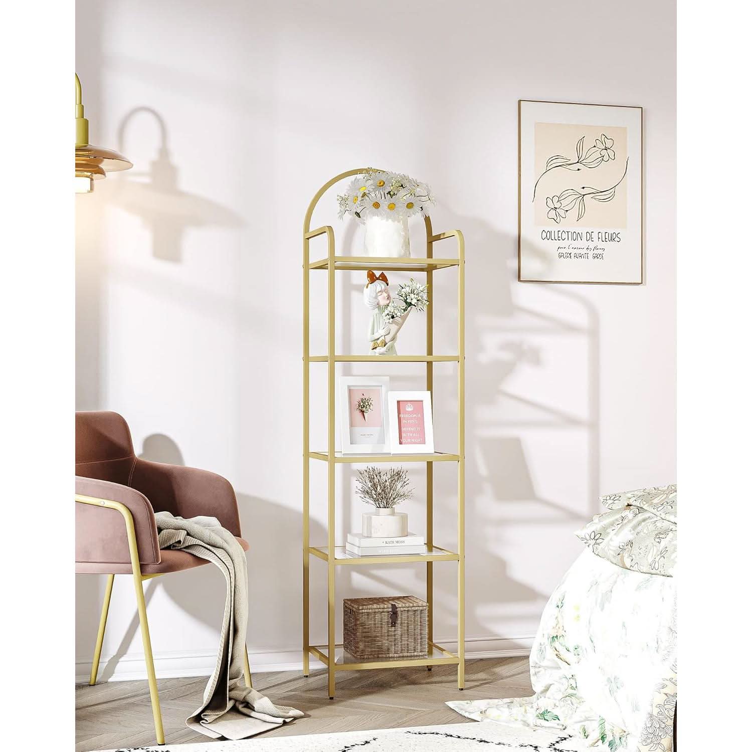Gold Six Tier Bookcase With Tempered Glass Shelves