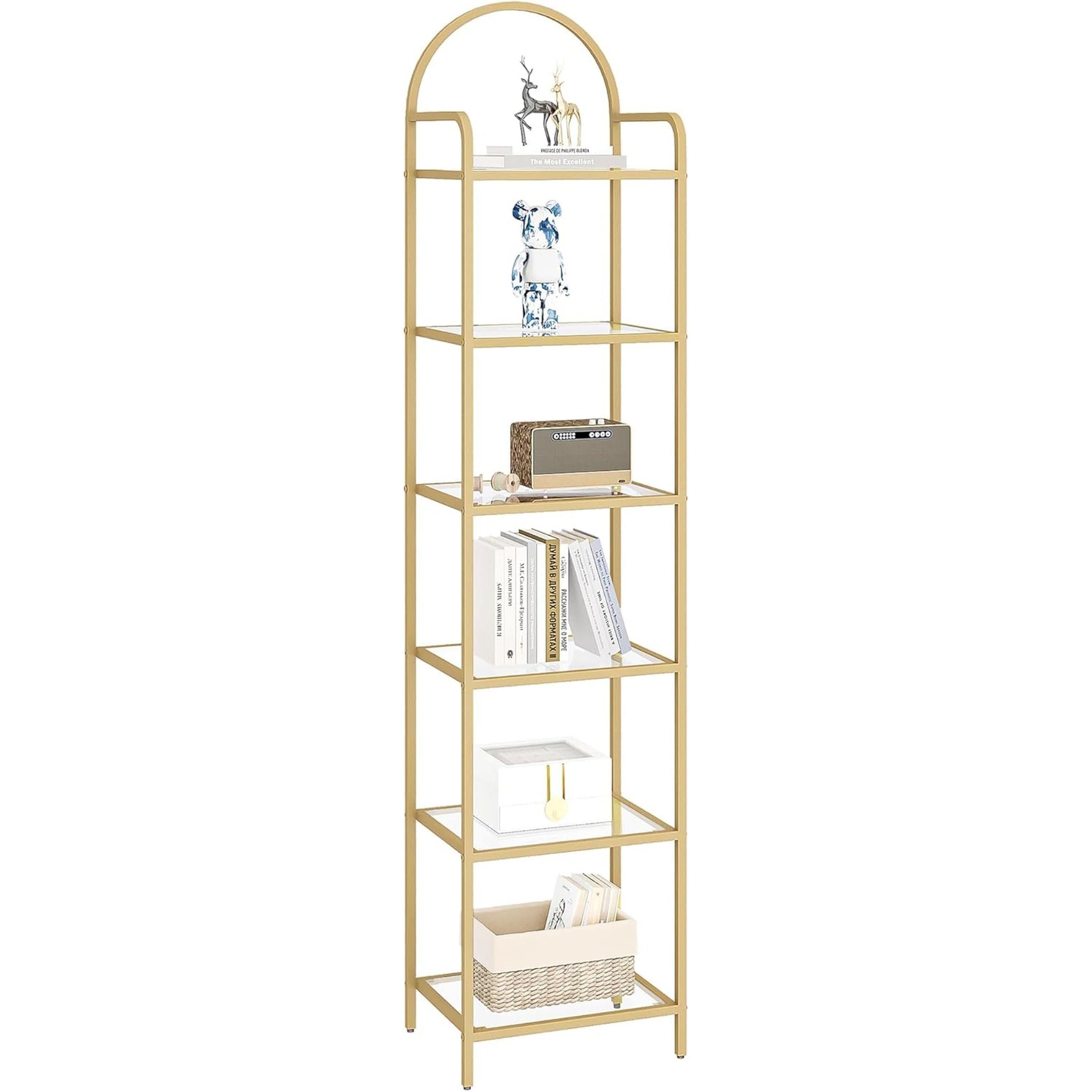 Gold Six Tier Bookcase With Tempered Glass Shelves