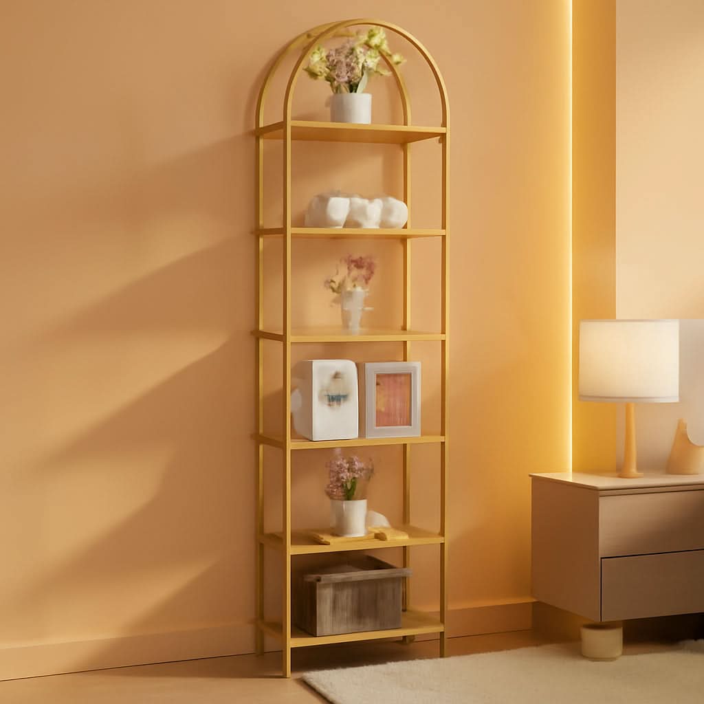 Gold Six Tier Bookcase With Tempered Glass Shelves