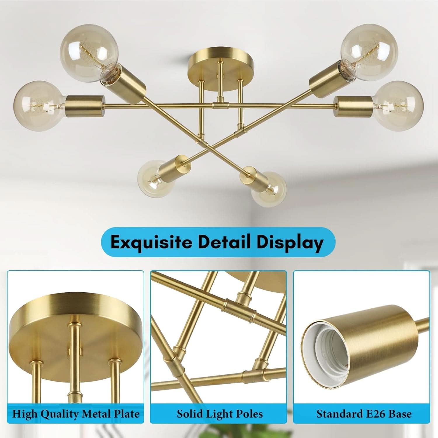 Gold Sputnik Chandelier Semi Flush Mount Ceiling Fixture