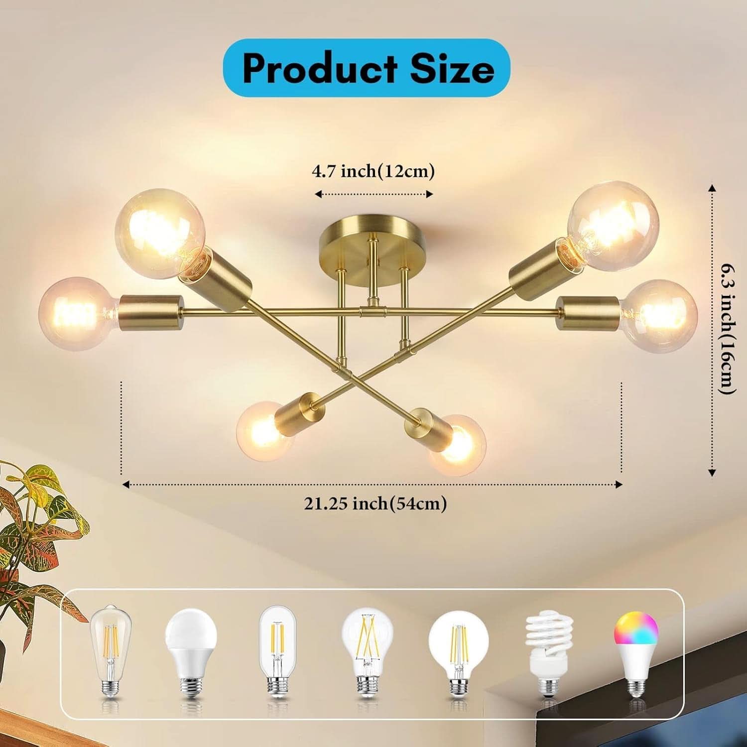 Gold Sputnik Chandelier Semi Flush Mount Ceiling Fixture