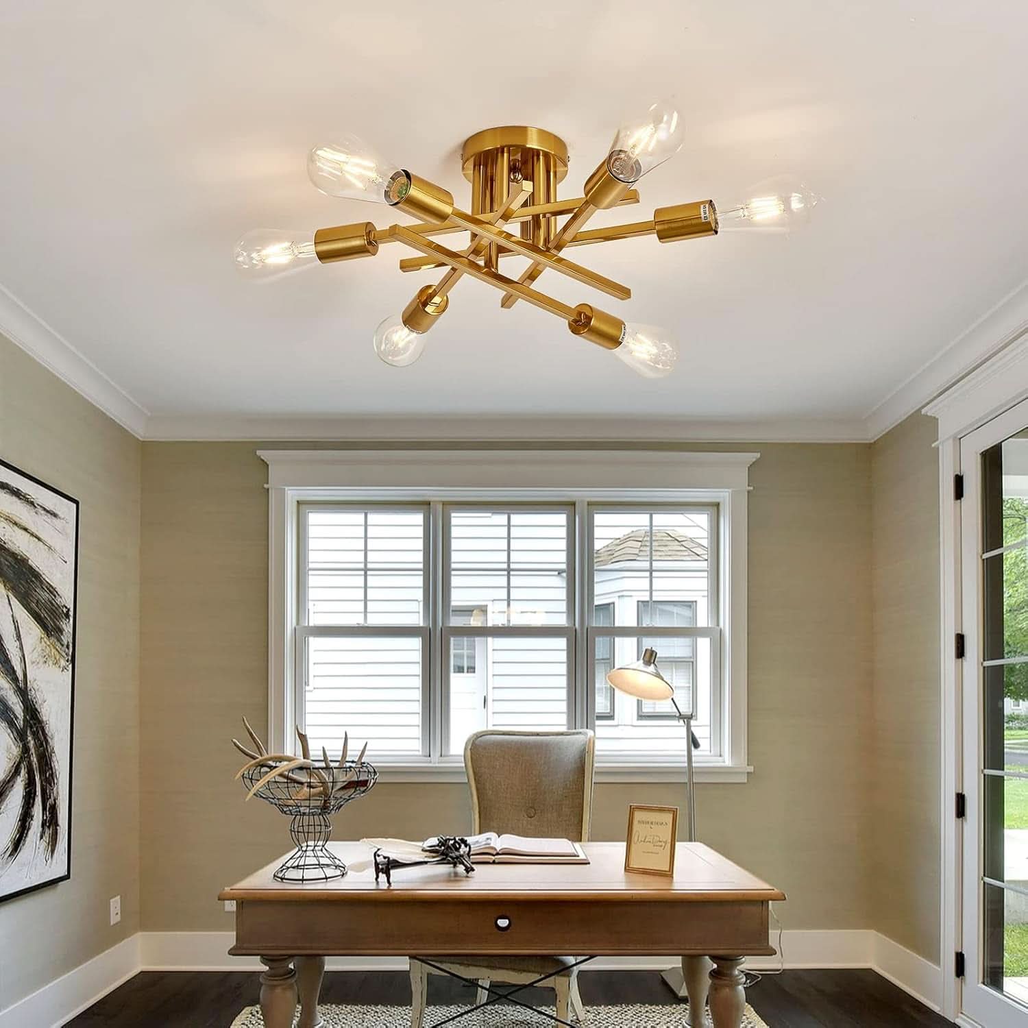 Gold Sputnik Chandelier Semi Flush Mount Ceiling Light