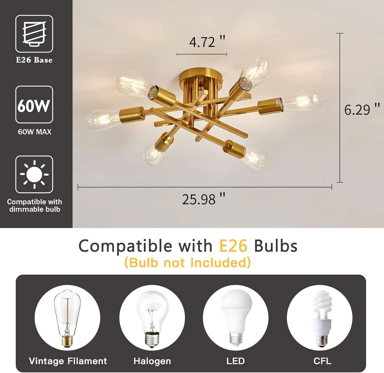 Gold Sputnik Chandelier Semi Flush Mount Ceiling Light