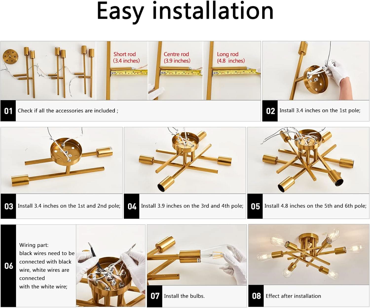 Gold Sputnik Chandelier Semi Flush Mount Ceiling Light