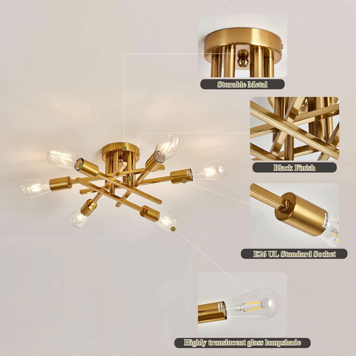 Gold Sputnik Chandelier Semi Flush Mount Ceiling Light