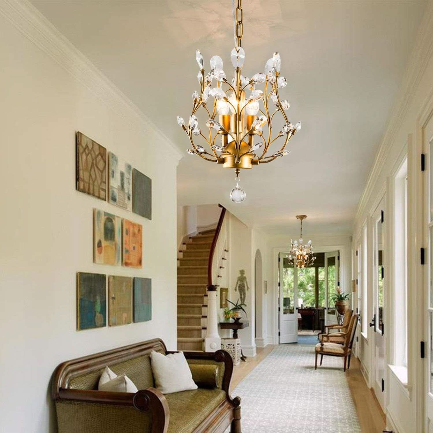 Gold Three Light Crystal Chandelier Ceiling Fixture With Adjustable Chain