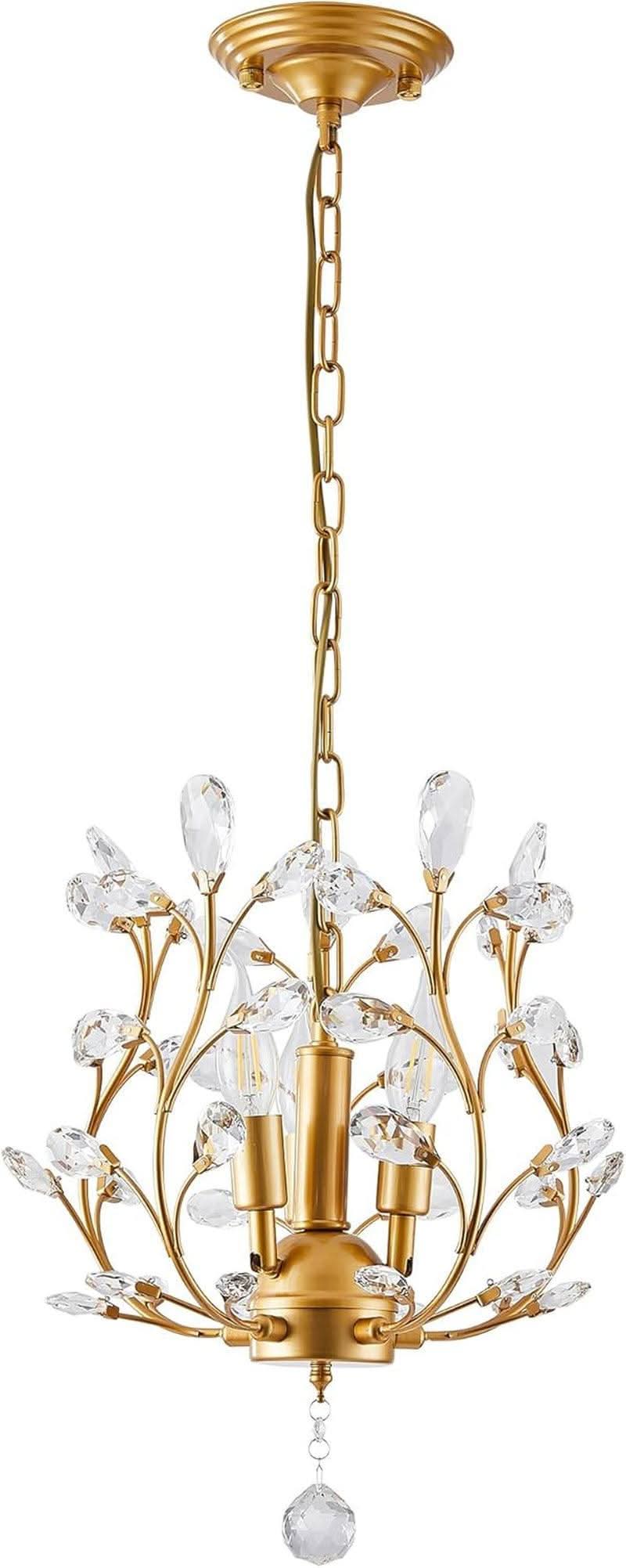 Gold Three Light Crystal Chandelier Ceiling Fixture With Adjustable Chain