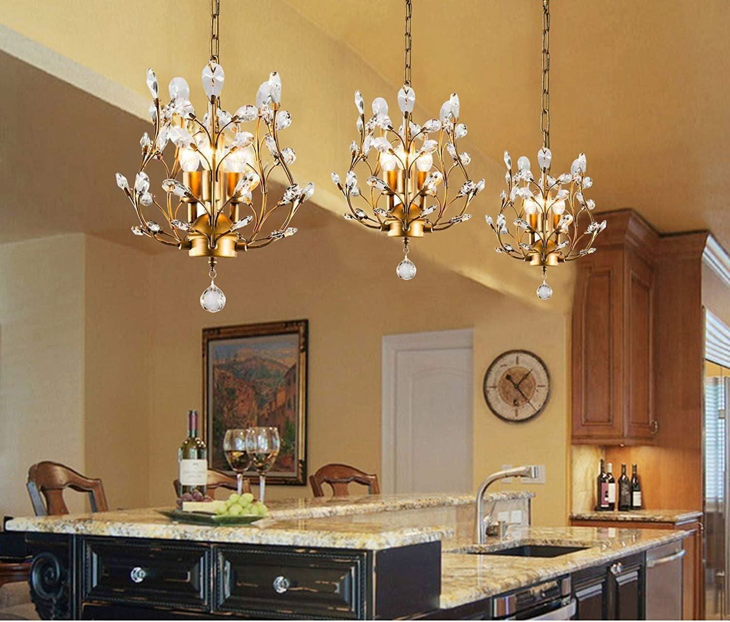 Gold Three Light Crystal Chandelier Ceiling Fixture With Adjustable Chain