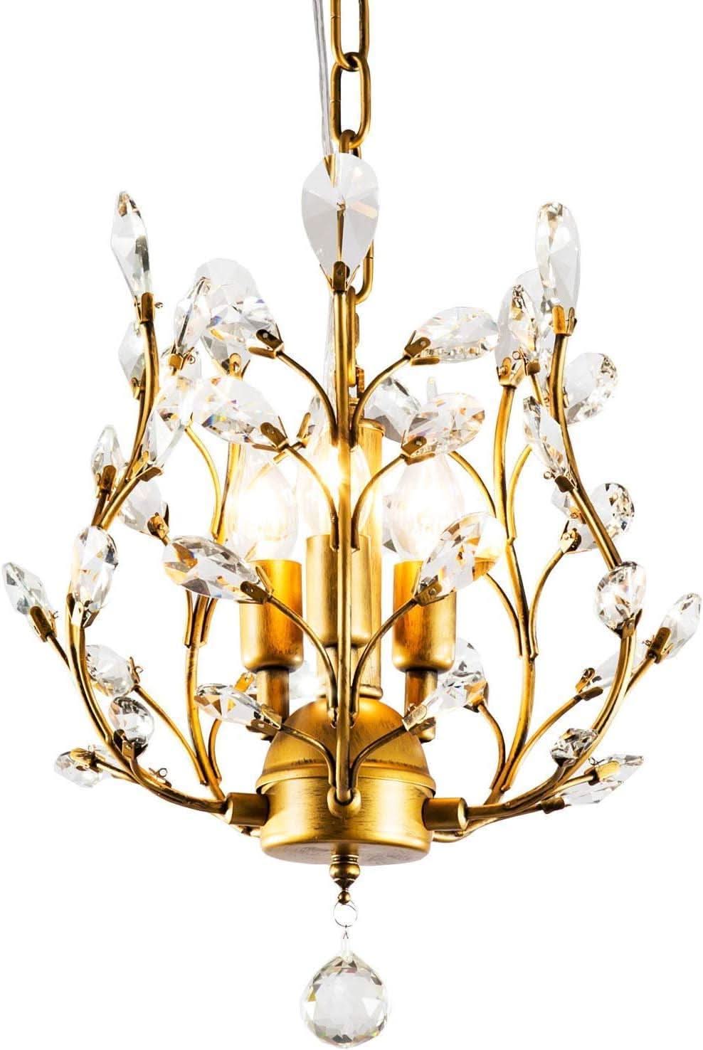 Gold Three Light Crystal Chandelier Ceiling Fixture With Adjustable Chain