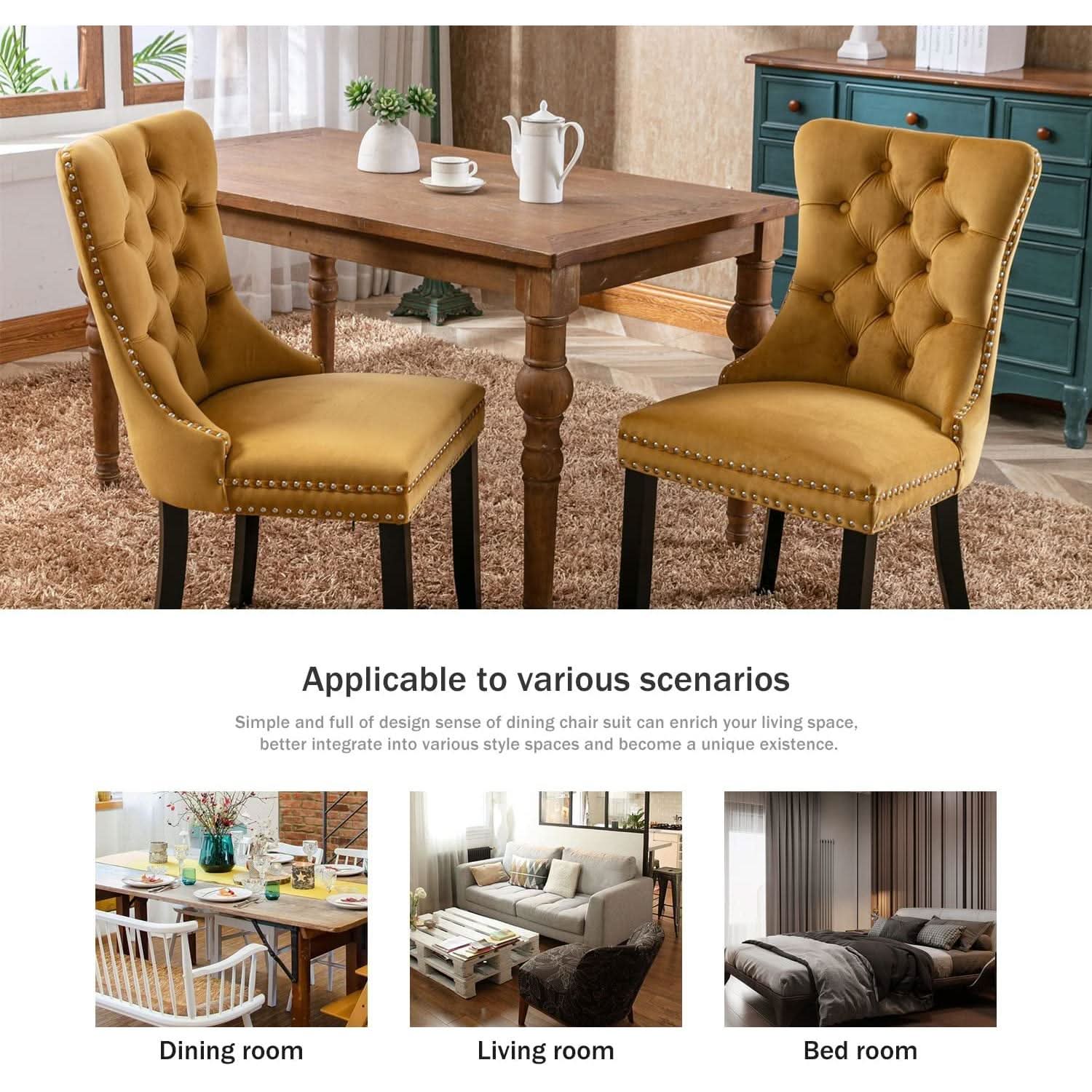 Gold Velvet Tufted Dining Chairs With Ring Pull Trim