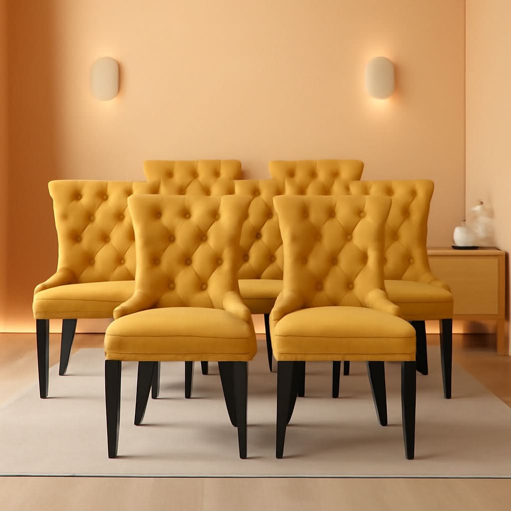 Gold Velvet Tufted Dining Chairs With Ring Pull Trim