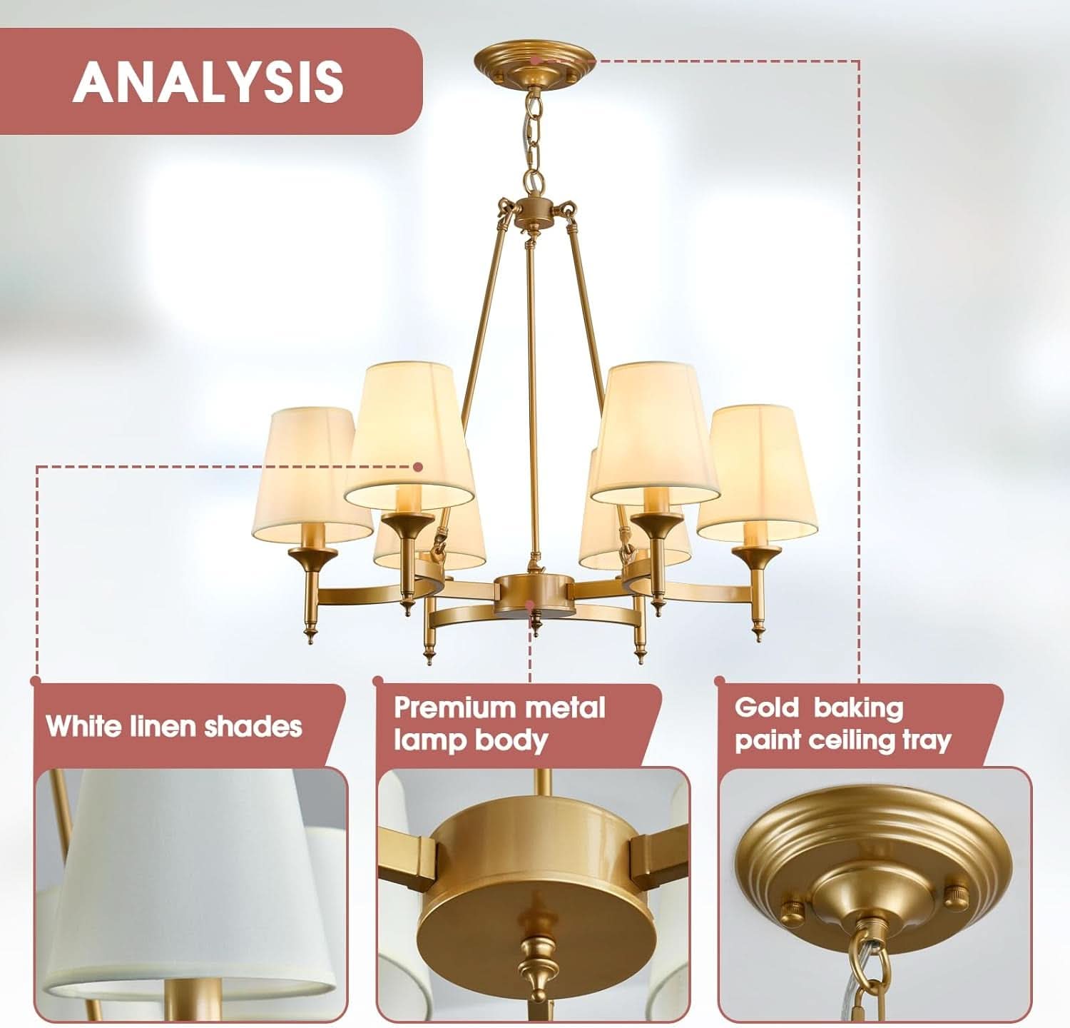 Gold Wagon Wheel Chandelier With White Linen Shade 6 Light