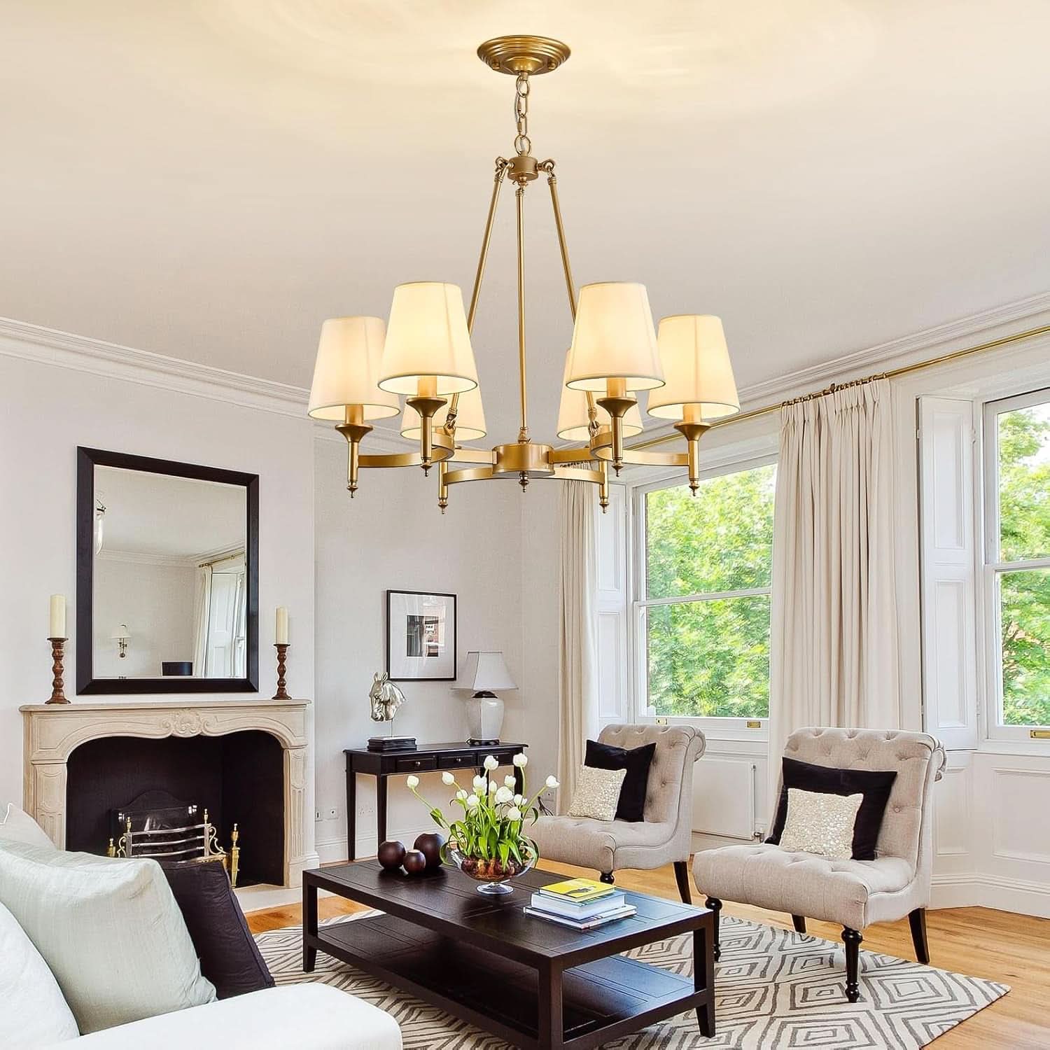 Gold Wagon Wheel Chandelier With White Linen Shade 6 Light