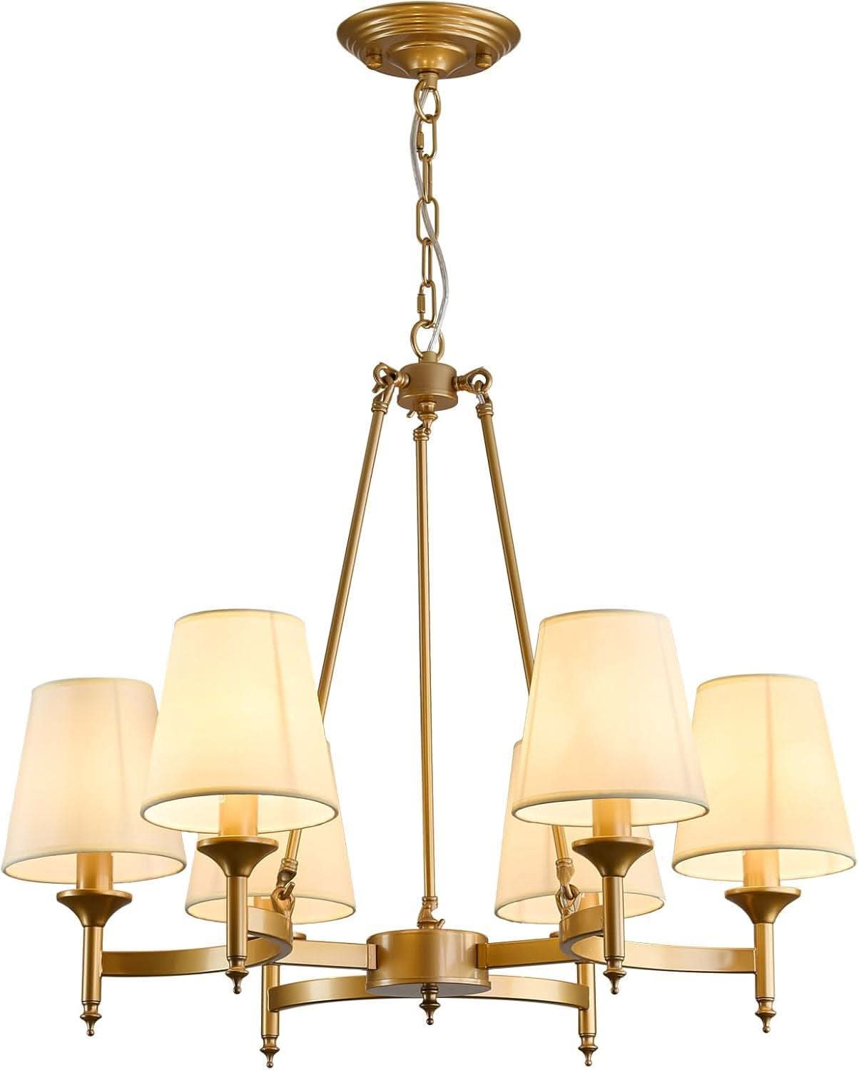 Gold Wagon Wheel Chandelier With White Linen Shade 6 Light