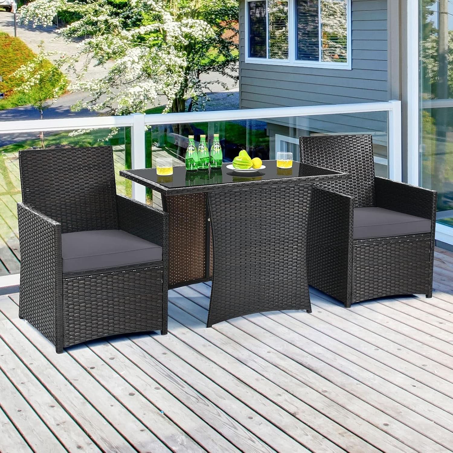 Gray 3 Piece Patio Dining Set With Tempered Glass Table For Outdoor Garden Poolside And Porch