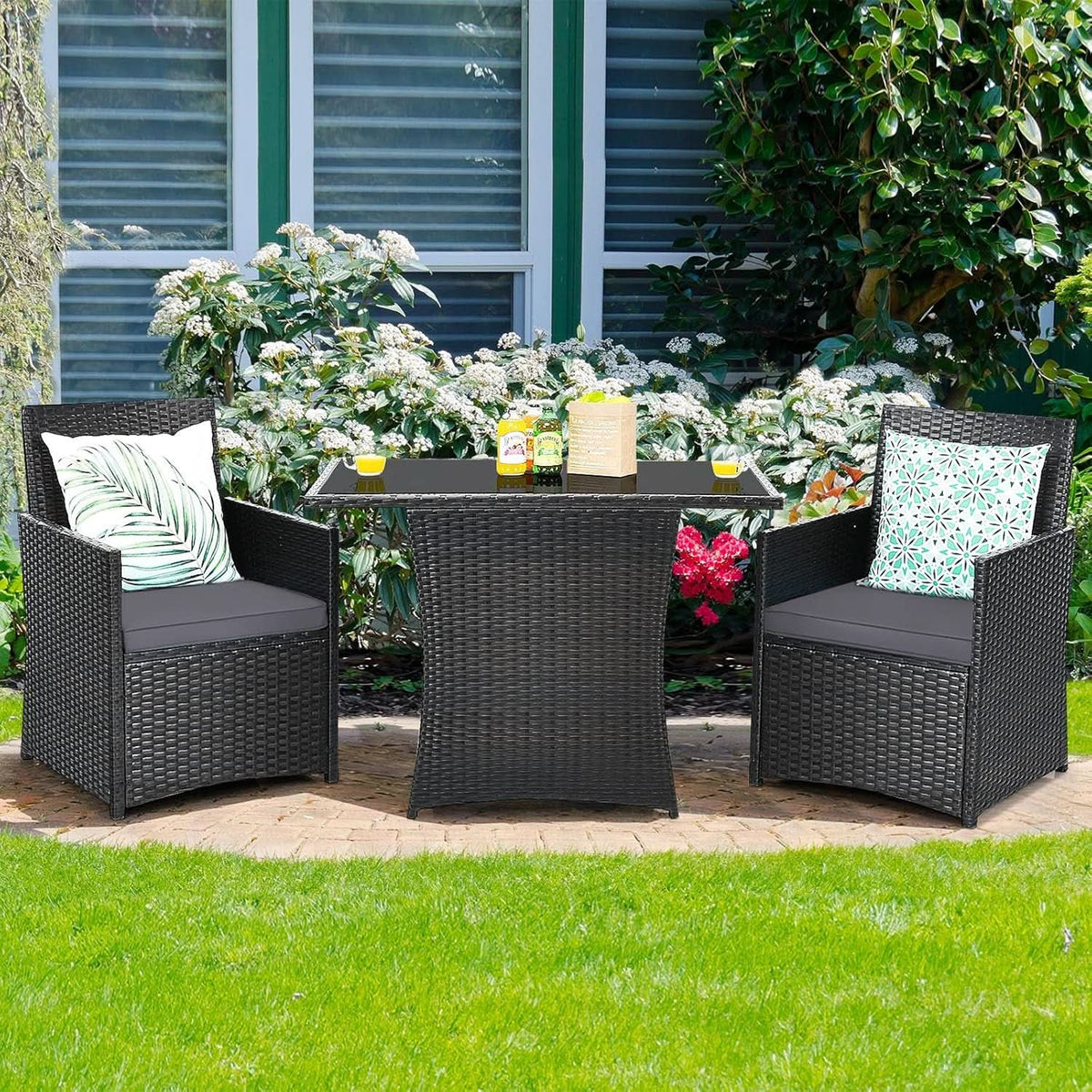 Gray 3 Piece Patio Dining Set With Tempered Glass Table For Outdoor Garden Poolside And Porch