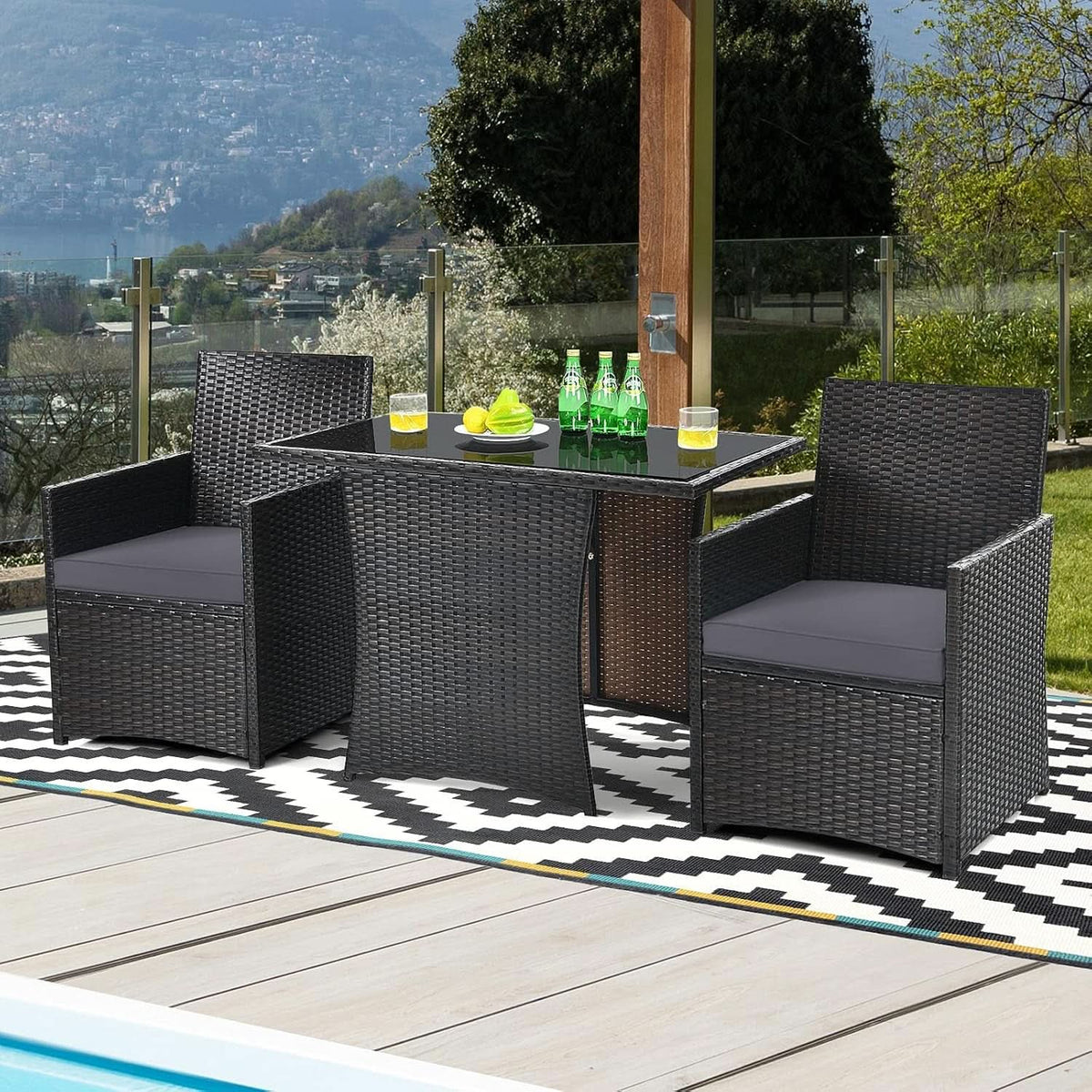 Gray 3 Piece Patio Dining Set With Tempered Glass Table For Outdoor Garden Poolside And Porch