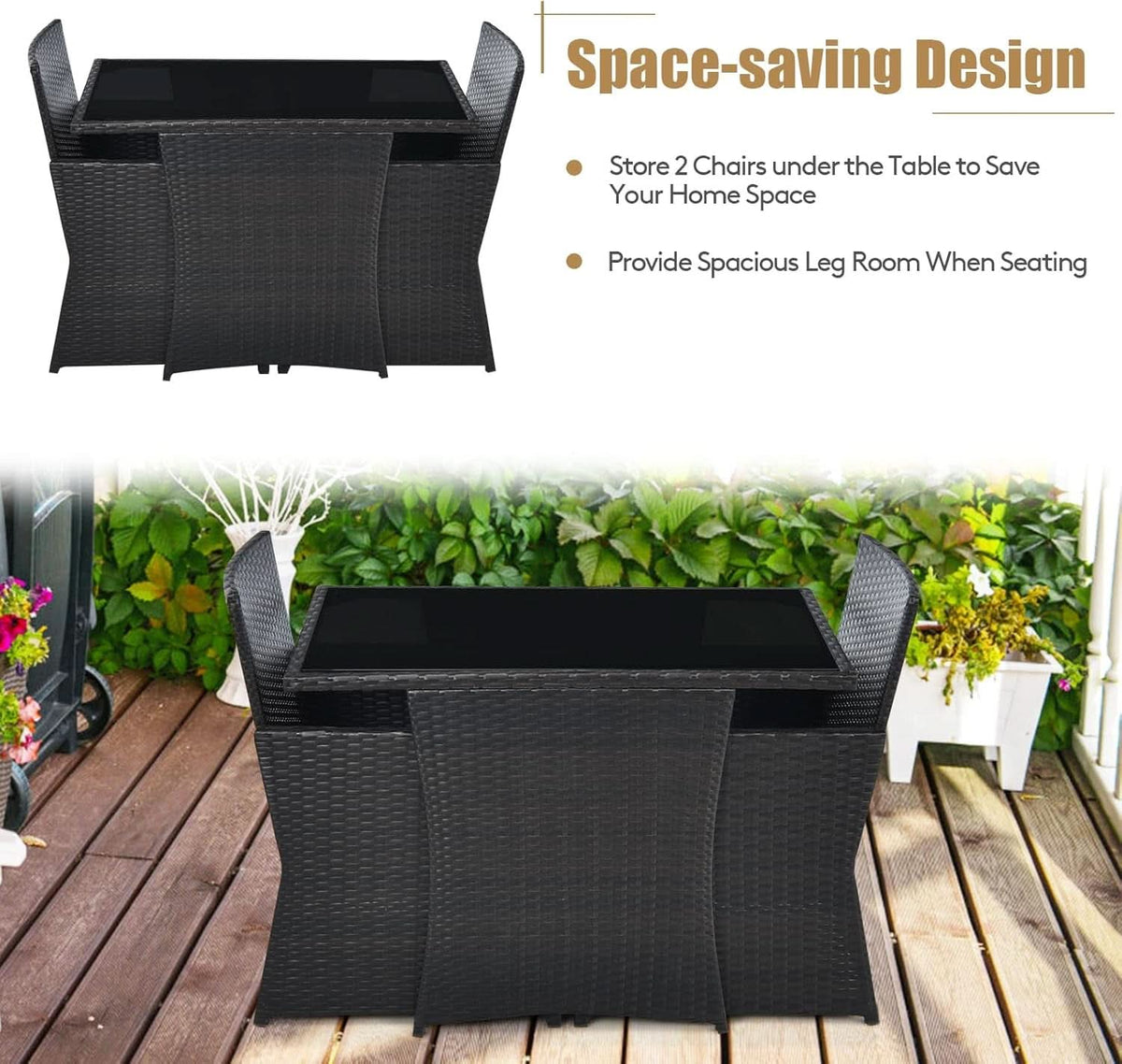 Gray 3 Piece Patio Dining Set With Tempered Glass Table For Outdoor Garden Poolside And Porch