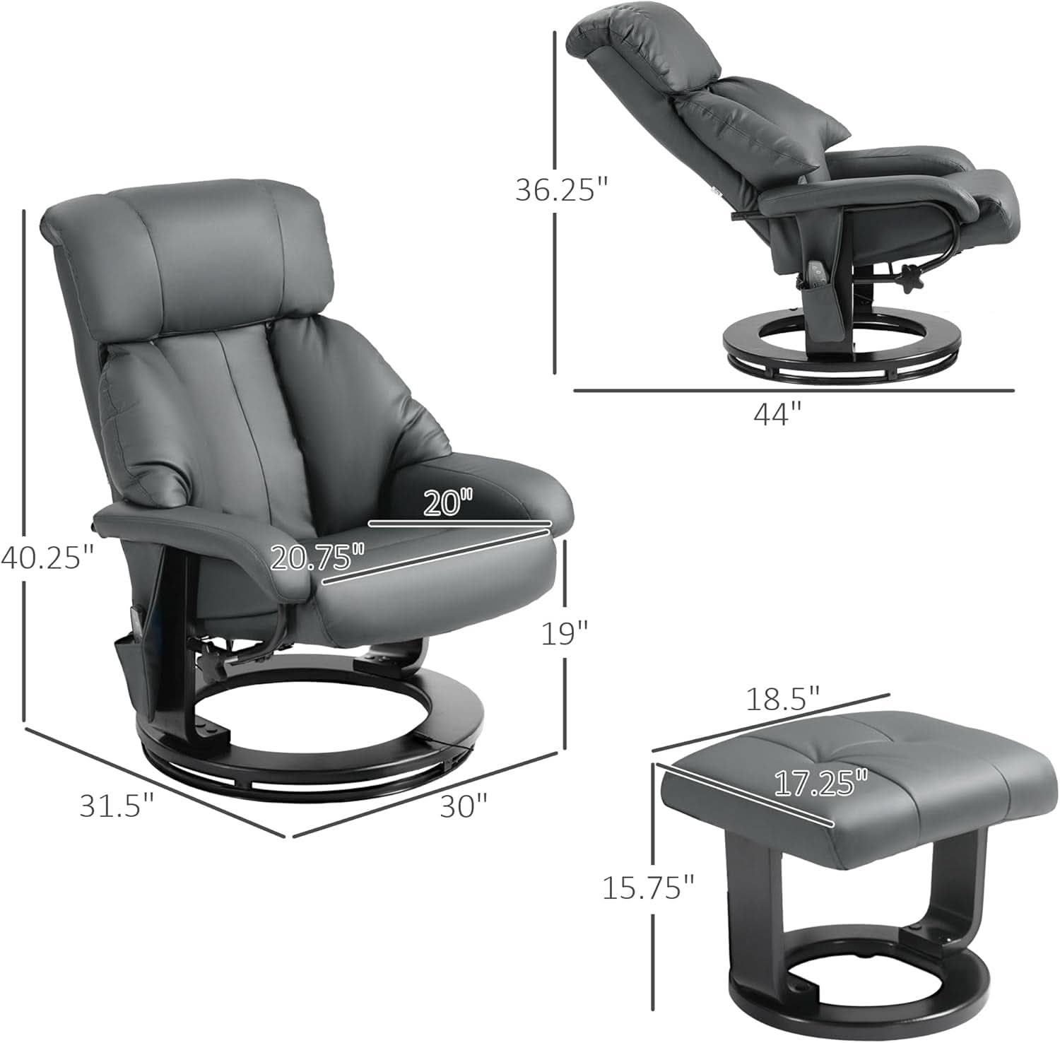 Gray 360 Degree Swivel Massage Recliner Chair With Ottoman