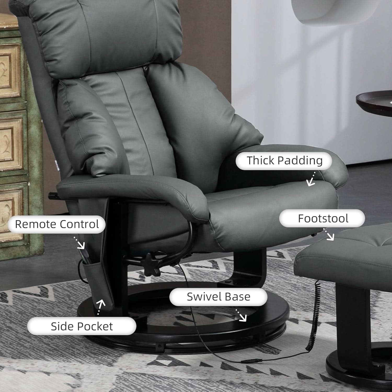 Gray 360 Degree Swivel Massage Recliner Chair With Ottoman