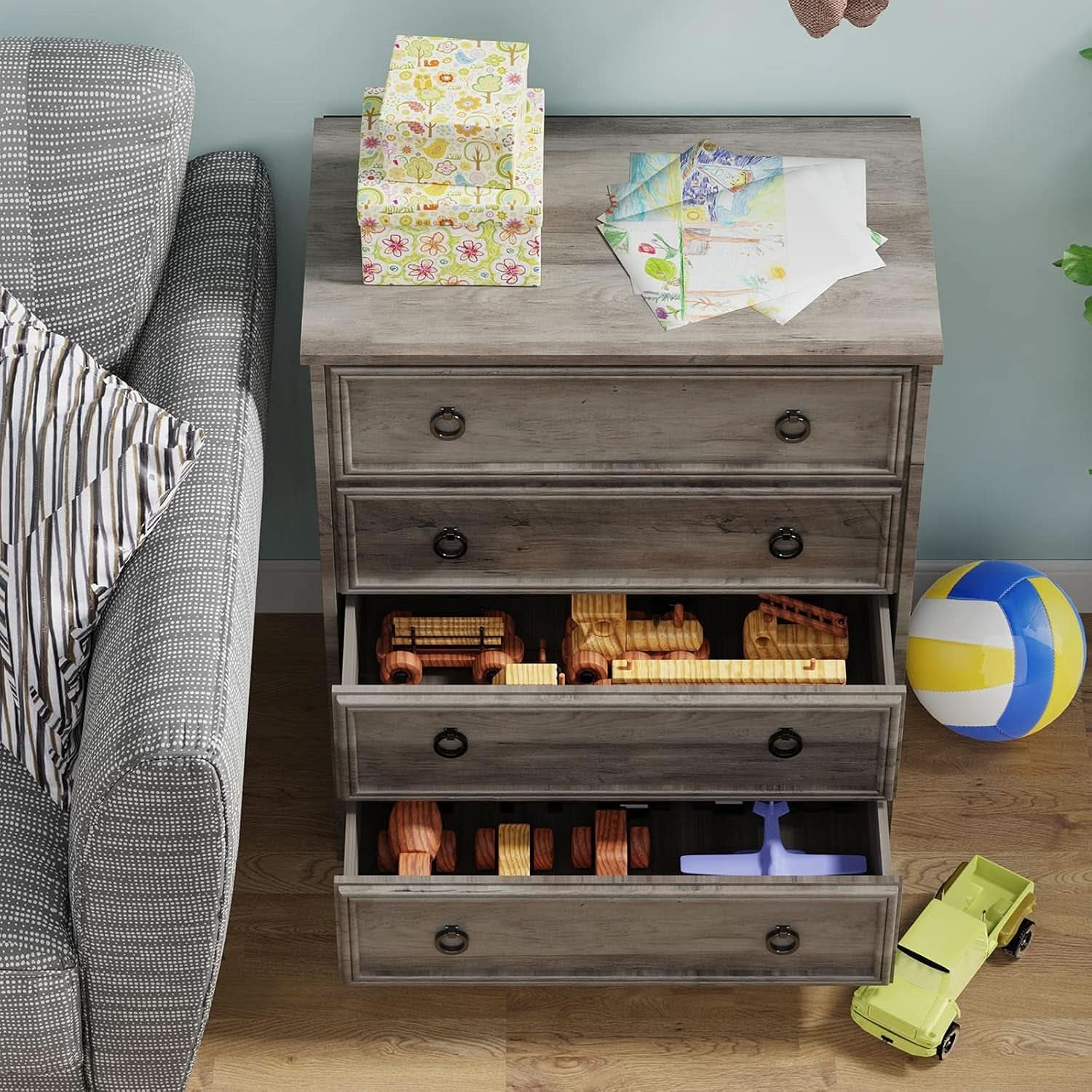 Gray 4 Drawer Dresser With ModernArchitectural Storage