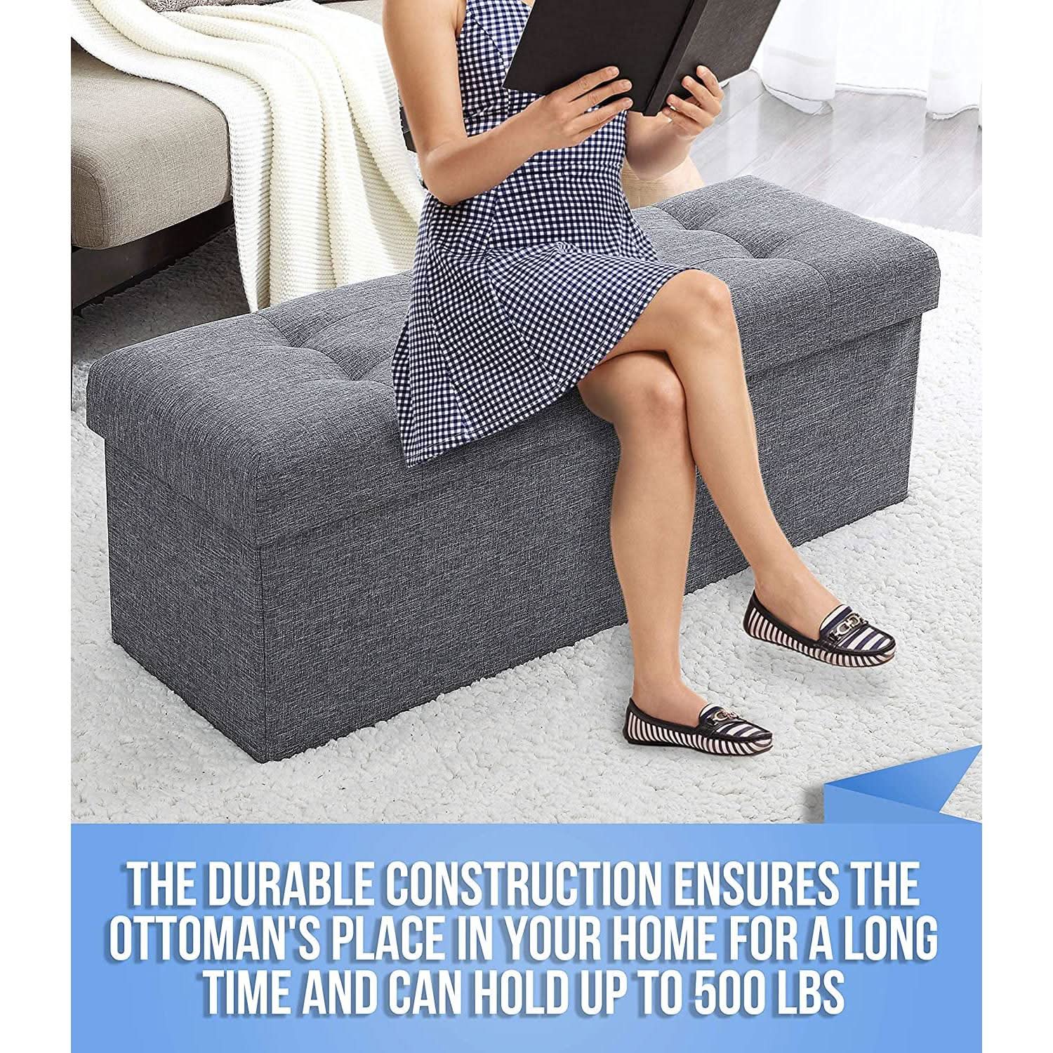 Gray 45 Inch Storage Ottoman Bench Durable Upholstery