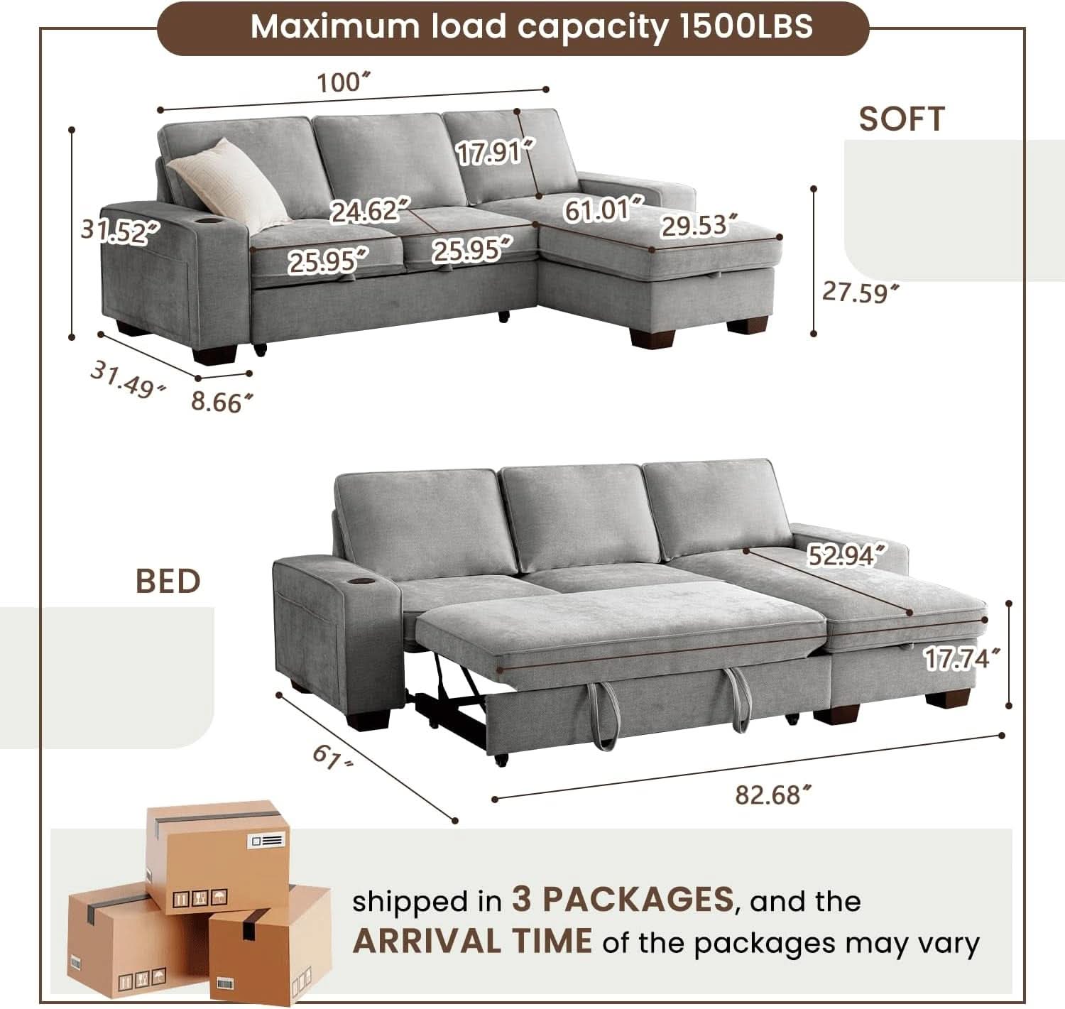Gray 99In LShaped Memory Foam Cushion Sleeper Sofa Covers