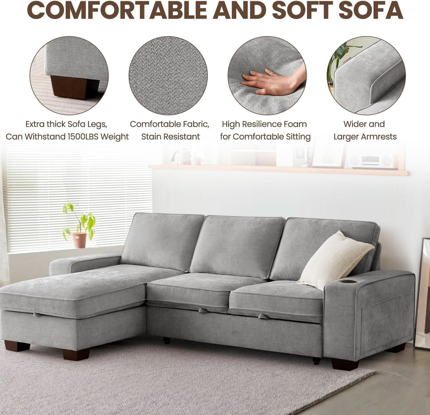 Gray 99In LShaped Memory Foam Cushion Sleeper Sofa Covers